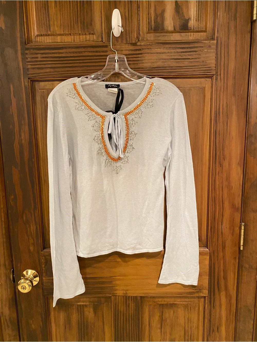 Light Blue Embellished Tie-Neck Long Sleeve Top Round Neckline w/Tie size Large